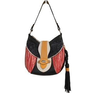Braccialini Designer Leather Mixed Media Patchwork Tassel Zippered Hobo Bag